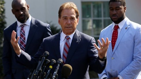 Nick Saban sporting scarlet and gray.