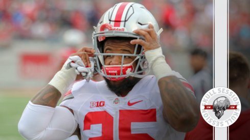 Mike Weber adjusts his helmet for the May 19 2018 Skull Session