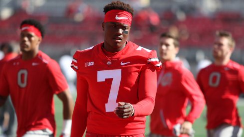 Dwayne Haskins and his teammates warm up prior to Ohio State's 2017 home game against UNLV.