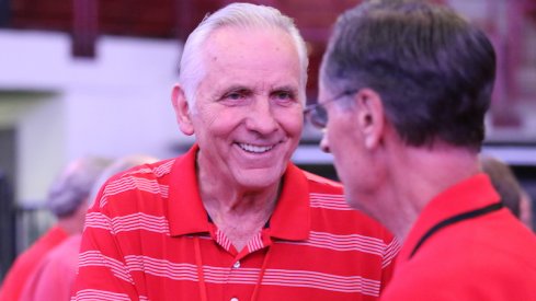 Former Ohio State basketball great Jerry Lucas has a conversation before Friday's dinner, put on by Chris Holtmann, at the Schottenstein Center.