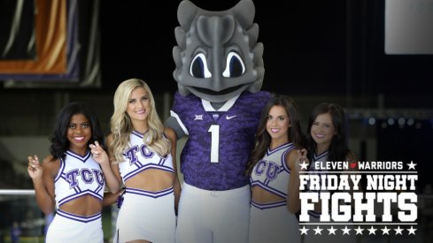 Jul 16, 2018; Frisco, TX, USA; TCU Horned Frogs cheerleaders and mascot pose for a photo during Big 12 football media days at the Ford Center at the Star. Mandatory Credit: Kevin Jairaj-USA TODAY Sports