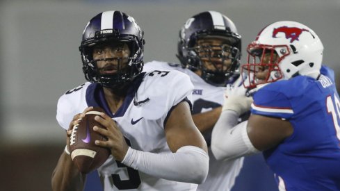 TCU Horned Frogs quarterback Shawn Robinson (3) scrambles for a touchdown in the third quarter against the Southern Methodist Mustangs at Gerald J. Ford Stadium.