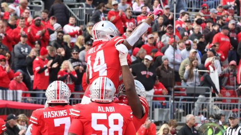 K.J. Hill celebrates the Buckeyes' final touchdown of the game.