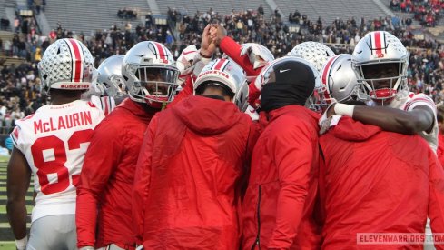 Ohio State wide receivers huddle before Saturday's game at Purdue.