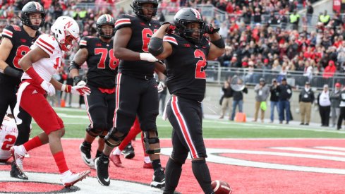 J.K. Dobbins after scoring a touchdown