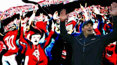 Nov 24, 2018; Columbus, OH, USA; Ohio State Buckeyes assistant coach Ryan Day (right) celebrates following a Buckeyes win against the Michigan Wolverines at Ohio Stadium. Mandatory Credit: Joe Maiorana-USA TODAY Sports