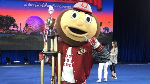 Brutus Buckeye with his first-place trophy after winning UCA's 2019 National Championship. 