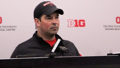 Ryan Day speaks to the media after Ohio State's student appreciation day practice.