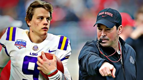 Jan 1, 2019; Glendale, AZ, USA; Louisiana State Tigers quarterback Joe Burrow against the Central Florida Knights in the 2019 Fiesta Bowl at State Farm Stadium. | Apr 13, 2019; Columbus, OH, USA; Ohio State Buckeyes head coach Ryan Day during the first half of the Spring Game at Ohio Stadium.