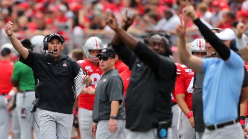 Aug 31, 2019; Columbus, OH, USA; Ohio State Buckeyes head coach Ryan Day reacts during the second half against the Florida Atlantic Owls at Ohio Stadium. Mandatory Credit: Joe Maiorana-USA TODAY Sports