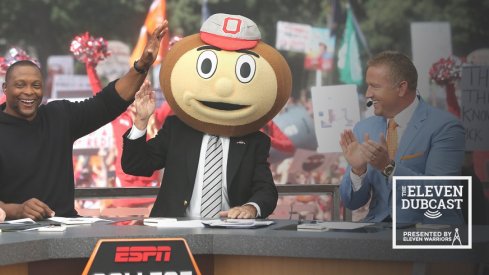 Brutus (aka Lee Corso), Eddie George, and Kirk Herbstreit on College Gameday