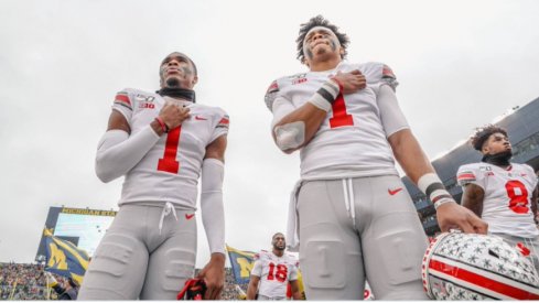 jeffrey okudah and justin fields in ann arbor, 2019