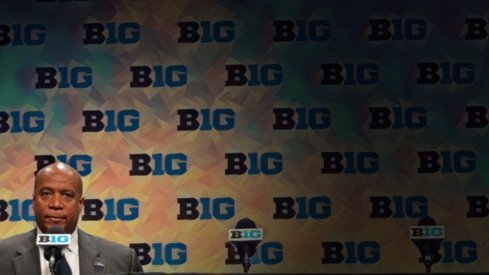 Commissioner Kevin Warren takes questions after canceling the Michigan Wolverines and Rutgers Scarlet Knights first round Big Ten tournament game at Bankers Life Fieldhouse in Indianapolis, Indiana due to the Coronavirus Pandemic Thursday, March 12, 2020. Michigan