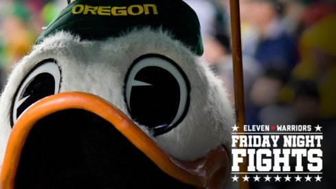 Dec 6, 2019; Santa Clara, CA, USA; Oregon Ducks mascot uses an umbrella to avoid the rain during the second half of the Pac-12 Conference championship game against the Utah Utes at Levi's Stadium. Mandatory Credit: Kirby Lee-USA TODAY Sports