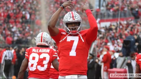 Dwayne Haskins celebrates a touchdown against Michigan