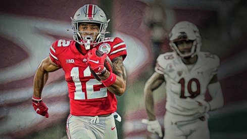 Ohio State Buckeyes wide receiver Emeka Egbuka (12) returns a kickoff ahead of Utah Utes wide receiver Bryson Reeves (19) during the third quarter of the Rose Bowl in Pasadena, Calif. on Jan. 1, 2022. College Football Rose Bowl