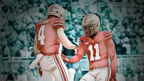 Ohio State Buckeyes wide receiver Jaxon Smith-Njigba (11) congratulates wide receiver Julian Fleming (4) on scoring a touchdown during the second quarter of the NCAA football game against the Michigan State Spartans at Ohio Stadium in Columbus on Saturday, Nov. 20, 2021. Michigan State Spartans At Ohio State Buckeyes Football