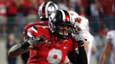 Sep 28, 2013; Columbus, OH, USA; Ohio State Buckeyes wide receiver Devin Smith (9) smiles after making a touchdown catch against the Wisconsin Badgers at Ohio Stadium. Mandatory Credit: Raj Mehta-USA TODAY Sports