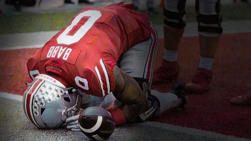 Ohio State Buckeyes wide receiver Kamryn Babb celebrates his touchdown in the fourth quarter of their NCAA Division I football game between the Ohio State Buckeyes and the Indiana Hoosiers at Ohio Stadium.