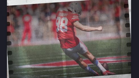 Apr 15, 2023; Columbus, Ohio, United States; Ohio State Buckeyes kicker Jake Seibert (98) kicks the ball during the third quarter of the Ohio State Buckeyes spring game at Ohio Stadium on Saturday morning.