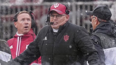 Nov 12, 2022; Columbus, Ohio, USA; Indiana Hoosiers head coach Tom Allen gestures from the sideline during the first half of the NCAA football game against the Indiana Hoosiers at Ohio Stadium. Mandatory Credit: Adam Cairns-The Columbus Dispatch Ncaa Football Indiana Hoosiers At Ohio State Buckeyes