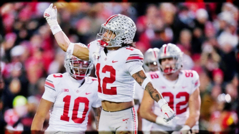 Nov 19, 2022; College Park, MD, USA; Ohio State Buckeyes safety Lathan Ransom (12) celebrates after blocking a Maryland Terrapins punt in the third quarter in their Big Ten game at SECU Stadium