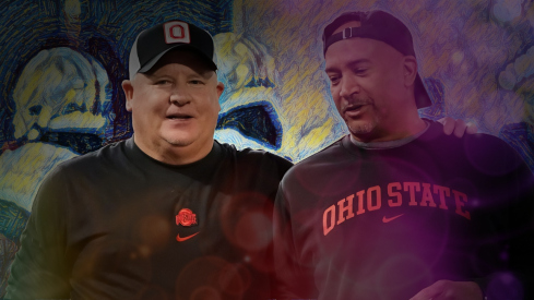 Mar 5, 2024; Columbus, OH, USA; Ohio State Buckeyes offensive coordinator Chip Kelly talks to secondary coach Tim Walton during the first spring practice at the Woody Hayes Athletic Center.