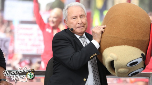 Lee Corso dons the Ohio State mascot headgear on the set of College GameDay