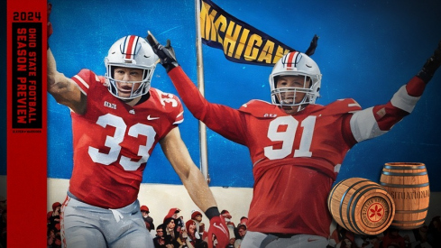 Sep 16, 2022; Columbus, Ohio, United States; Ohio State Buckeyes defensive end Jack Sawyer (33) and Ohio State Buckeyes defensive tackle Tyleik Williams (91) celebrate a sack of Toledo quarterback Dequan Finn during the Toledo game.