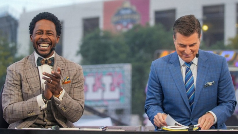 ESPN College GameDay desk members Desmond Howard (left) and Reece Davis (right)