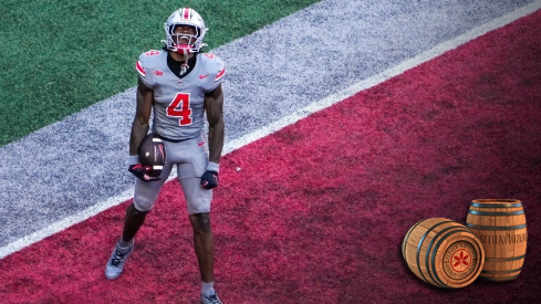 Oct 5, 2024; Columbus, Ohio, USA; Ohio State Buckeyes wide receiver Jeremiah Smith (4) celebrates after scoring a touchdown in the third quarter on Saturday.