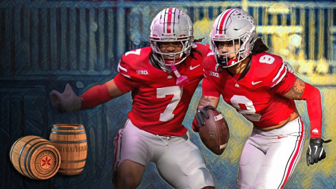 Ohio State Buckeyes safety Lathan Ransom (8) celebrates with cornerback Jordan Hancock (7) after Ransom intercepted a pass in the second half at Ohio Stadium on Saturday, Nov. 9, 2024 in Columbus, Ohio.