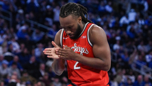 Dec 21, 2024; New York, New York, USA; Ohio State Buckeyes guard Bruce Thornton (2) prepares before the start of the first half against the Kentucky Wildcats at Madison Square Garden. Mandatory Credit: John Jones-Imagn Images