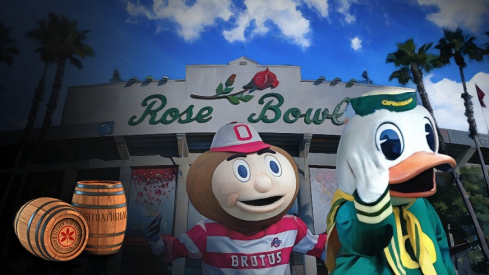 Oct 12, 2024; Eugene, Oregon, USA; Ohio State Buckeyes mascot Brutus and the Oregon Duck interact during the first half of the NCAA football game at Autzen Stadium