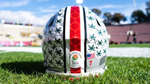 Ohio State's "Rose Stripe" on helmets they will wear in the Rose Bowl Game against Oregon