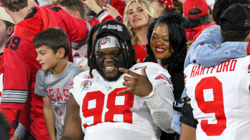 Ohio State players celebrate their Rose Bowl victory over Oregon