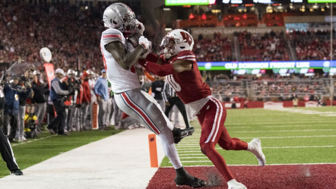 Former Ohio State wide receiver Marvin Harrison Jr. (left) and Wisconsin cornerback Nyzier Fourqurean