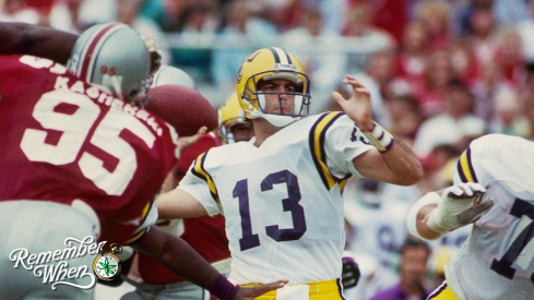 LSU Tigers quarterback Tommy Hodson (13) sets to throw the ball against the Ohio State Buckeyes at Ohio Stadium.