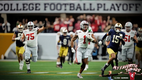 Ohio State Buckeyes running back Quinshon Judkins (1) gets away from the Notre Dame Fighting Irish defense on a long run in the third quarter during the College Football Playoff National Championship at Mercedes-Benz Stadium in Atlanta on January 20, 2025