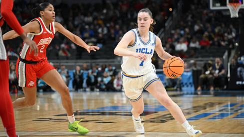 UCLA guard Elina Aarnisalo driving past Ohio State’s Taylor Thierry