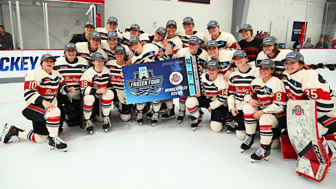 Ohio State women’s hockey celebrating its regional final win over St. Lawrence