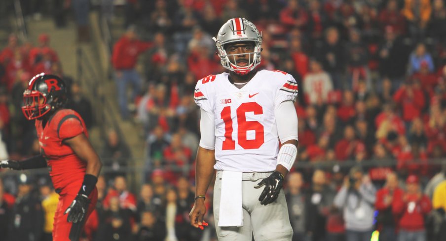 Ohio State's quarterback J.T. Barrett (16) warms up prior to NCAA football  action between the Ohio State Buckeyes and the Rutgers Scarlet Knights at  High Point Solution Stadium in Piscataway, New Jersey.