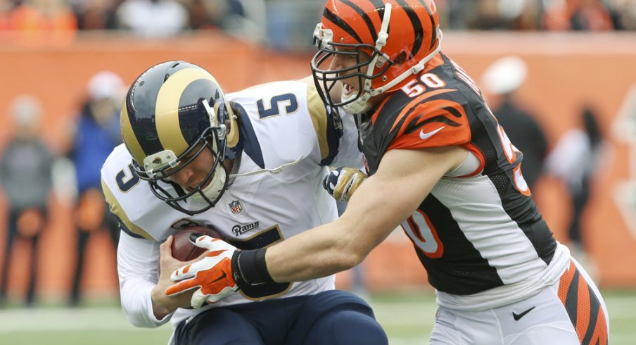 Linebacker A.J. Hawk of the Atlanta Falcons attempts to tackle