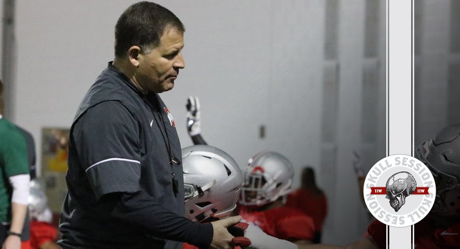 Greg Schiano shakes a walk-ons hand for the April 24 2017 Skull Session