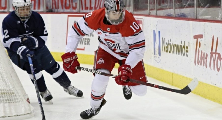 Buckeye forward John Wiitala chases the puck in a game against Penn State at Value City Arena.