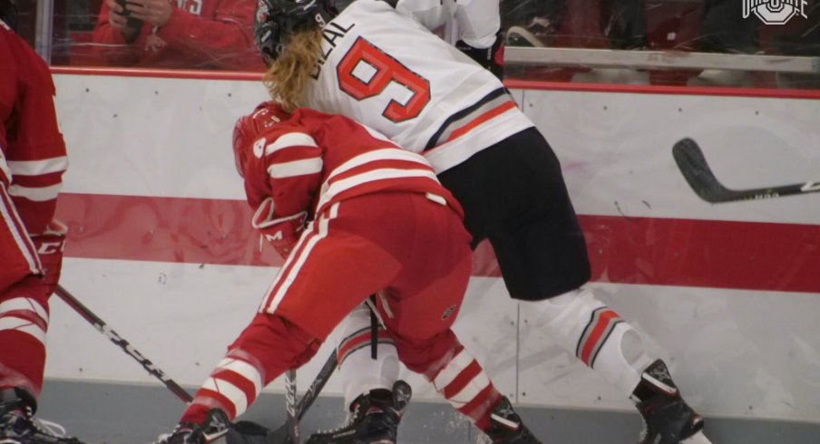 Madison Bizal battles a Badger in Ohio State's game vs. Wisconsin on Saturday.