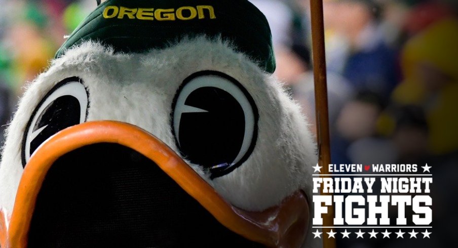 Dec 6, 2019; Santa Clara, CA, USA; Oregon Ducks mascot uses an umbrella to avoid the rain during the second half of the Pac-12 Conference championship game against the Utah Utes at Levi's Stadium. Mandatory Credit: Kirby Lee-USA TODAY Sports