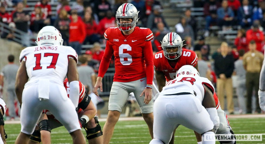 Quarterback Kyle McCord and running back Dallan Hayden of The Ohio State Buckeyes