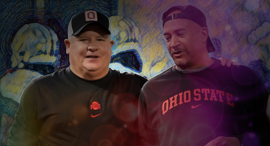 Mar 5, 2024; Columbus, OH, USA; Ohio State Buckeyes offensive coordinator Chip Kelly talks to secondary coach Tim Walton during the first spring practice at the Woody Hayes Athletic Center.