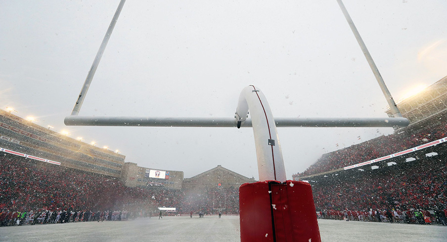 Snow falls at Camp Randall Stadium in Madison, Wisconsin.